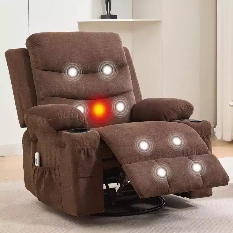 Poltrona reclinabile in pelle per camera da letto, poltrona reclinabile manuale oversize con dondolo, girevole a 360° con porta bicchieri