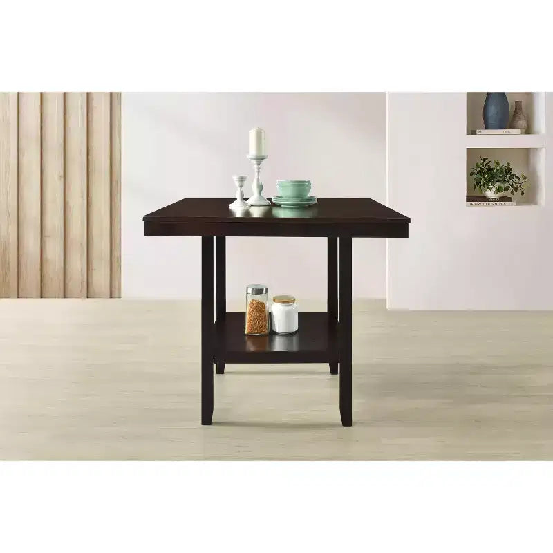 Tavolo da pranzo quadrato ad altezza bancone con ripiano portaoggetti, in MDF, 4 posti, grigio
