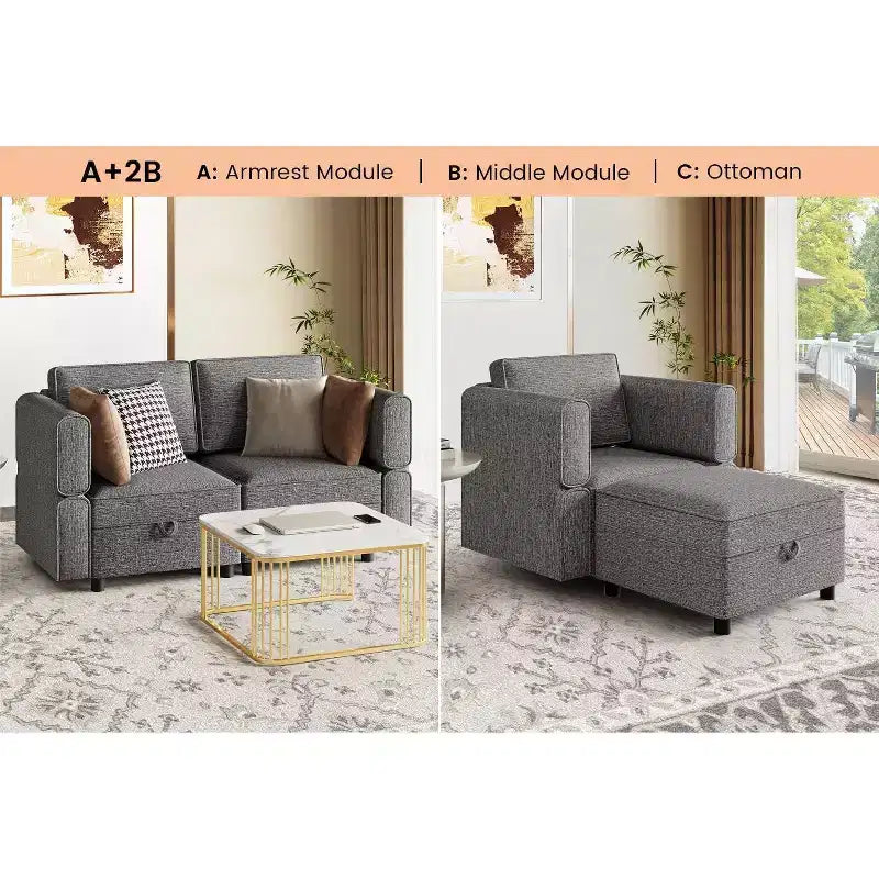 Divano componibile con pouf contenitore - Divano a L regolabile per soggiorno (Tessuto ciniglia)