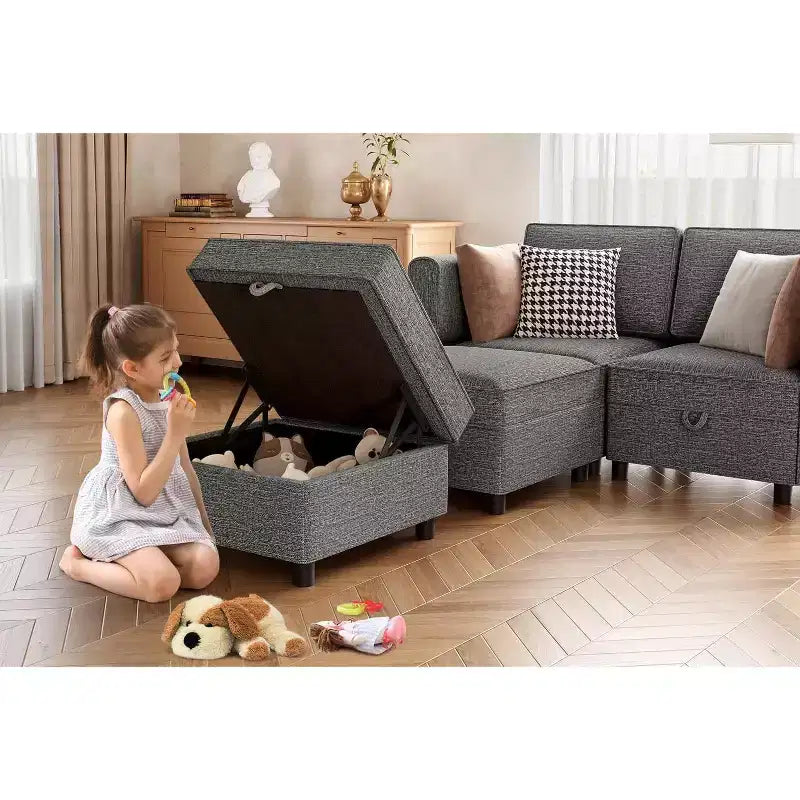 Divano componibile con pouf contenitore - Divano a L regolabile per soggiorno (Tessuto ciniglia)
