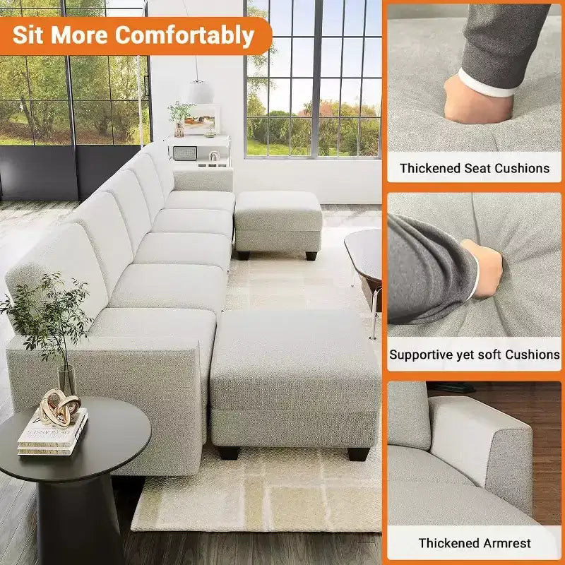 Divano Componibile Modulare a 140 Posti - Divano a U in Corduroy con Pouf Contenitore (Grigio)