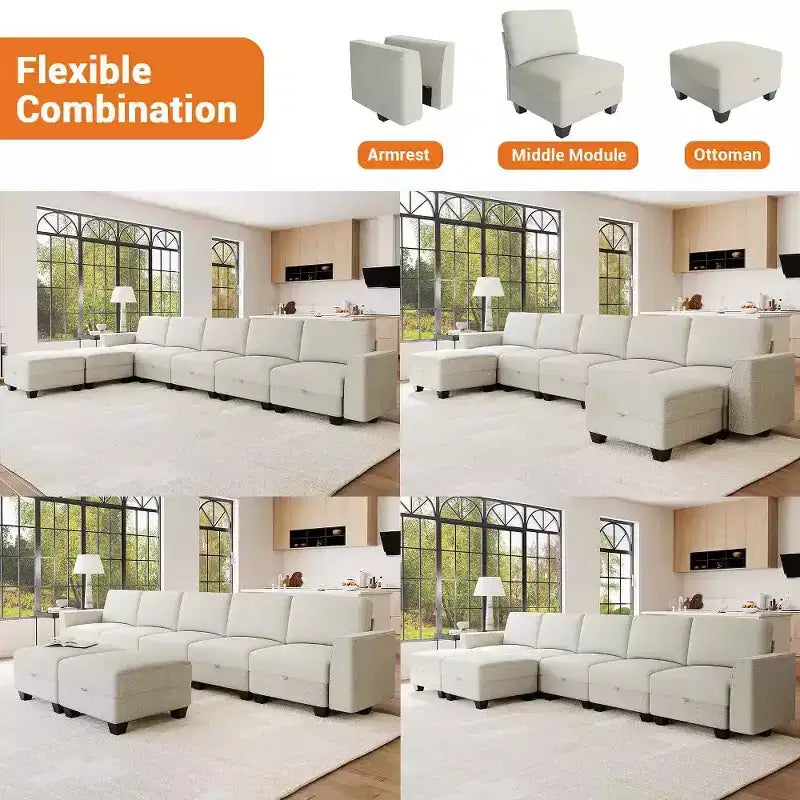 Divano Componibile Modulare a 140 Posti - Divano a U in Corduroy con Pouf Contenitore (Grigio)