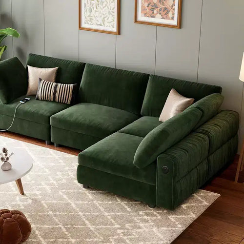 105 Modular Sectional Sofa - L-Shaped Velvet Couch with USB Charging (Emerald Green)