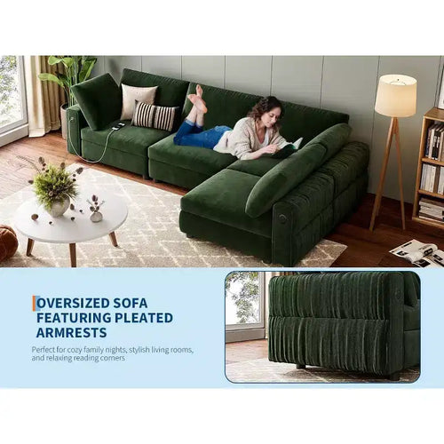 Divano componibile 105 - Divano angolare in velluto con ricarica USB (verde smeraldo)