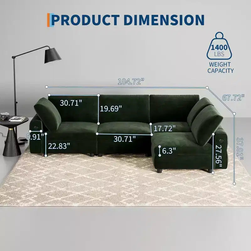 Divano componibile 105 - Divano angolare in velluto con ricarica USB (verde smeraldo)