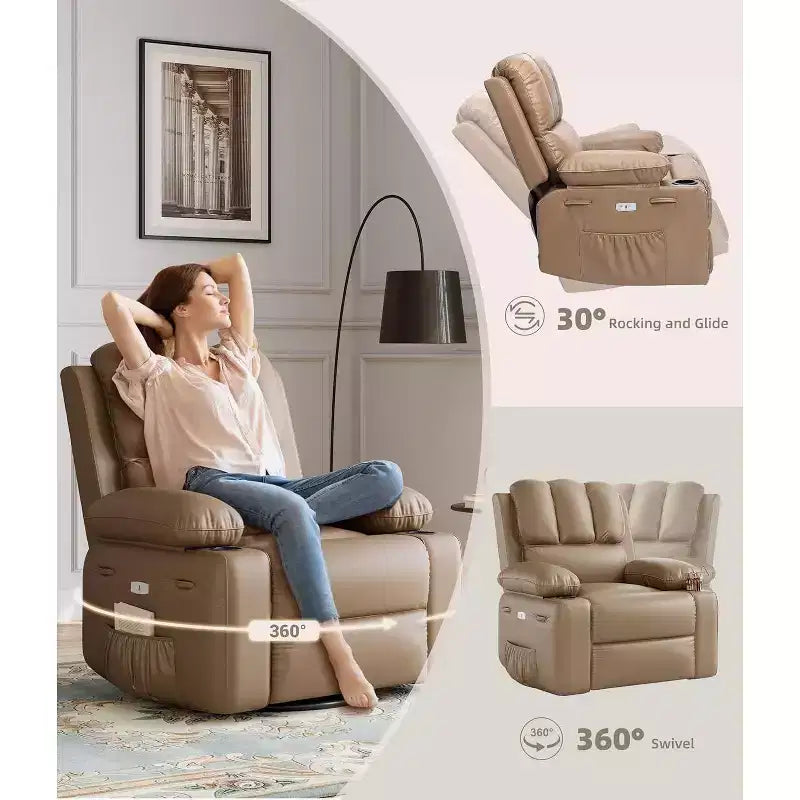 Divano reclinabile elettrico Acekool con riscaldamento e massaggio, girevole a dondolo, porta USB, portabicchieri, tasche laterali, seduta extra-large, per soggiorno