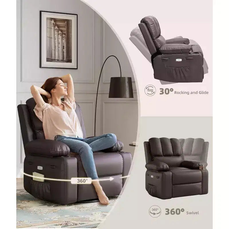 Divano reclinabile elettrico Acekool con riscaldamento e massaggio, girevole a dondolo, porta USB, portabicchieri, tasche laterali, seduta extra-large, per soggiorno
