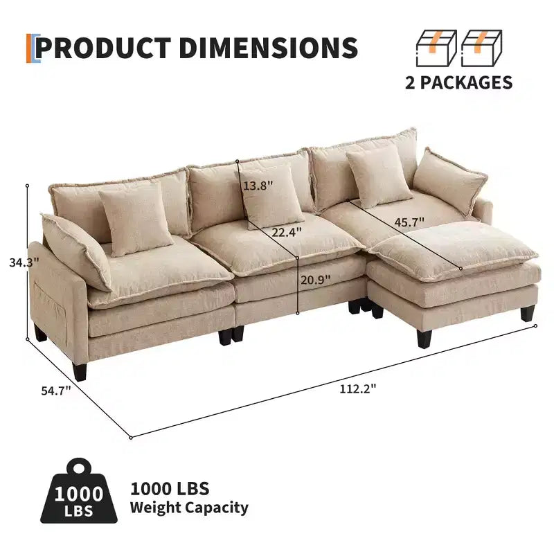 112.2 Divano Sezionale a U "Cloud Couch", Divano Sezionale Modulare con Pouf Mobile, Divano a 3 Posti in ciniglia con Seduta Profonda, Beige