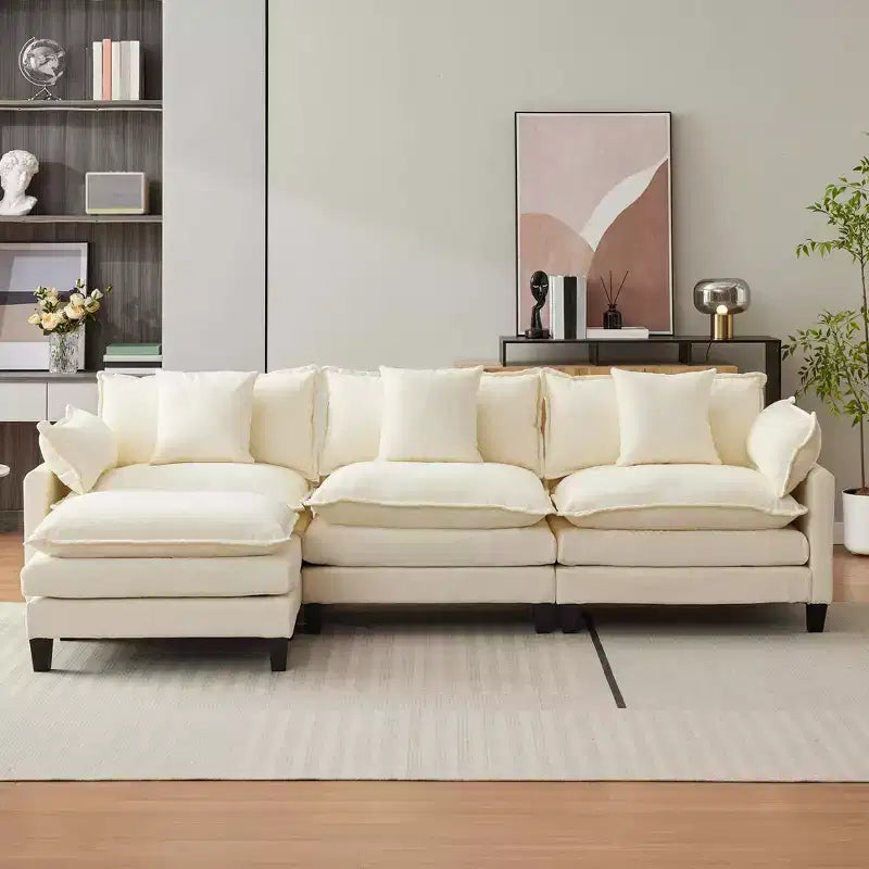 112.2 Divano Sezionale a U "Cloud Couch", Divano Sezionale Modulare con Pouf Mobile, Divano a 3 Posti in ciniglia con Seduta Profonda, Beige