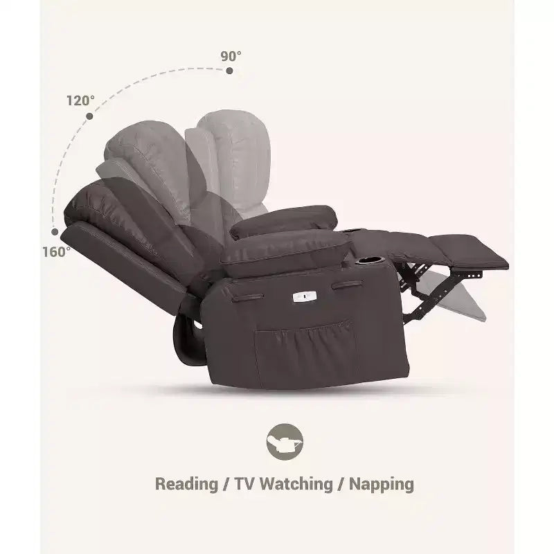 Divano reclinabile elettrico Acekool con massaggio, dondolo girevole, porta USB, portabicchieri, tasche laterali, seduta extra large, per soggiorno