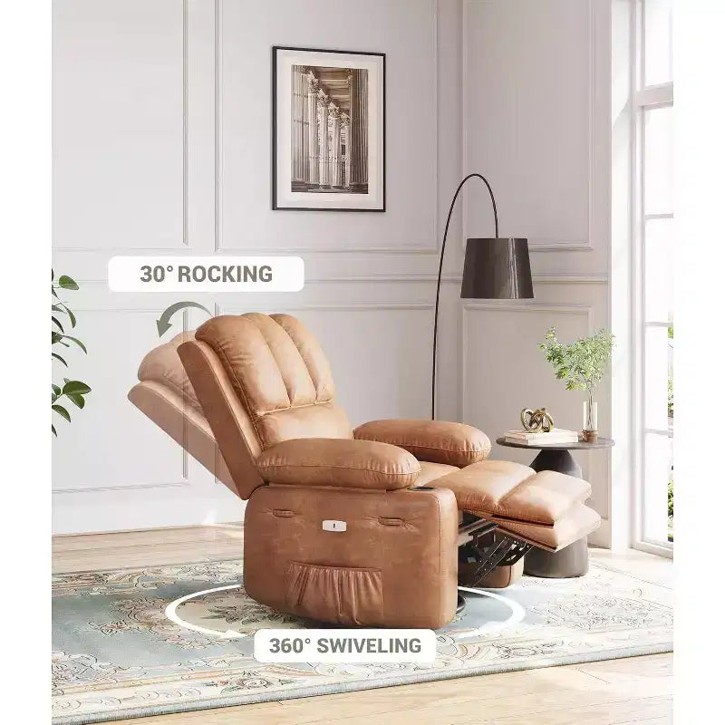 Divano reclinabile elettrico Acekool con massaggio, dondolo girevole, porta USB, portabicchieri, tasche laterali, seduta extra large, per soggiorno