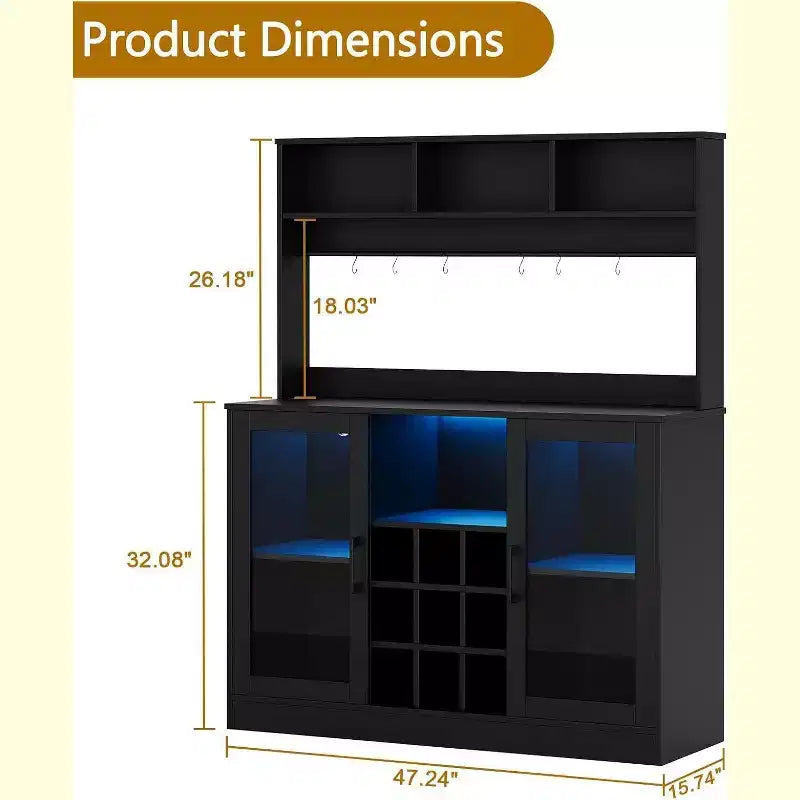 Mobiletto da Caffè con Presa Elettrica, Ripiani Regolabili, Ganci, Credenza Contenitore per Cucina Sala da Pranzo, Nero