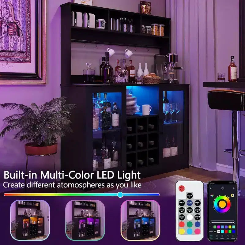 Mobiletto da Caffè con Presa Elettrica, Ripiani Regolabili, Ganci, Credenza Contenitore per Cucina Sala da Pranzo, Nero