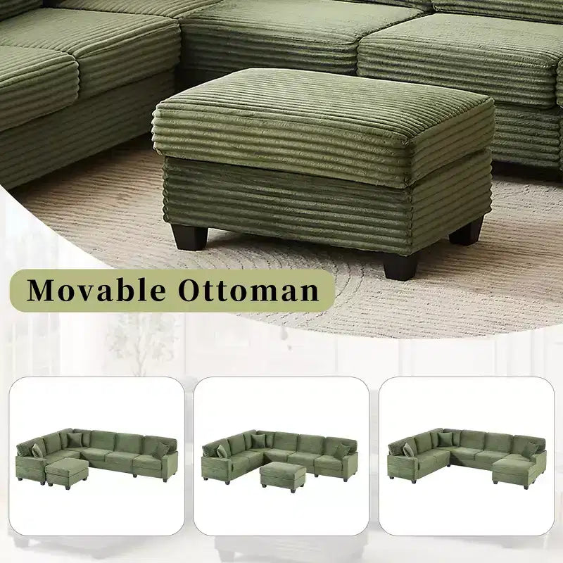 Divano Sezionale Whisen in Velluto a Coste con Pouf Rimovibile e Tasche Laterali Contenitive