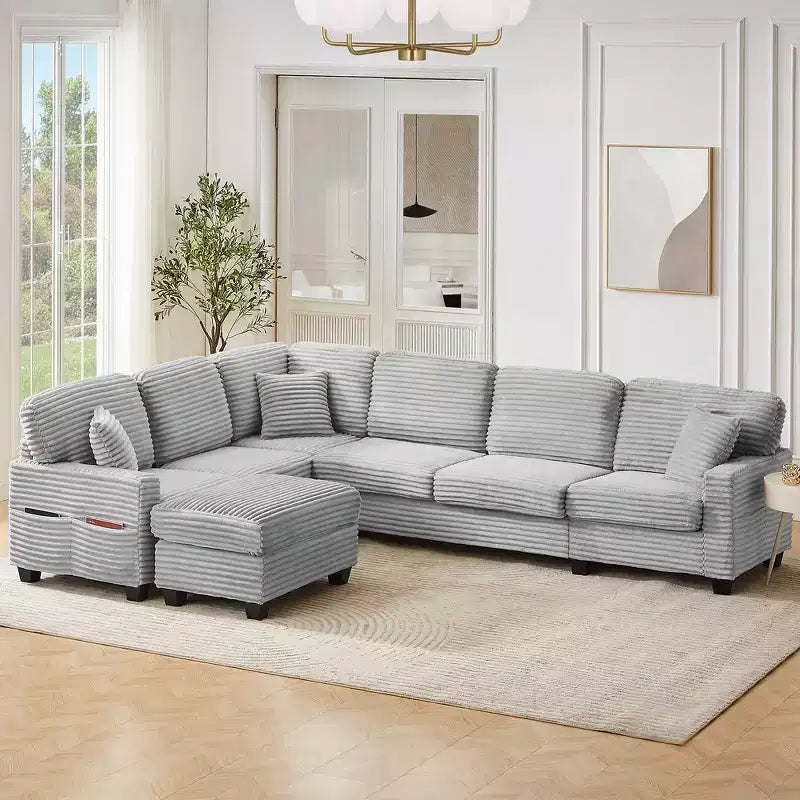Divano Sezionale Whisen in Velluto a Coste con Pouf Rimovibile e Tasche Laterali Contenitive