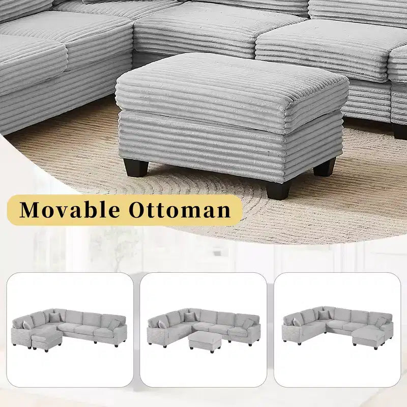 Divano Sezionale Whisen in Velluto a Coste con Pouf Rimovibile e Tasche Laterali Contenitive
