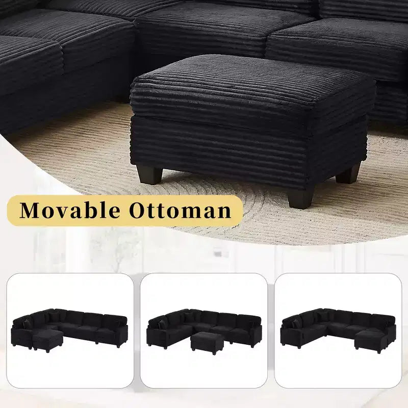 Divano Sezionale Whisen in Velluto a Coste con Pouf Rimovibile e Tasche Laterali Contenitive