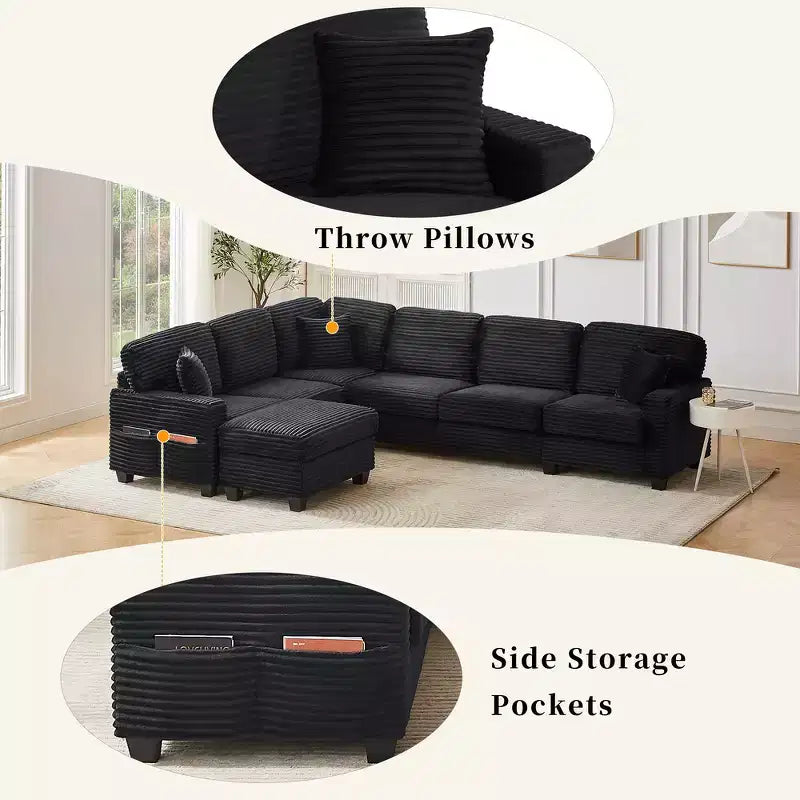 Divano Sezionale Whisen in Velluto a Coste con Pouf Rimovibile e Tasche Laterali Contenitive