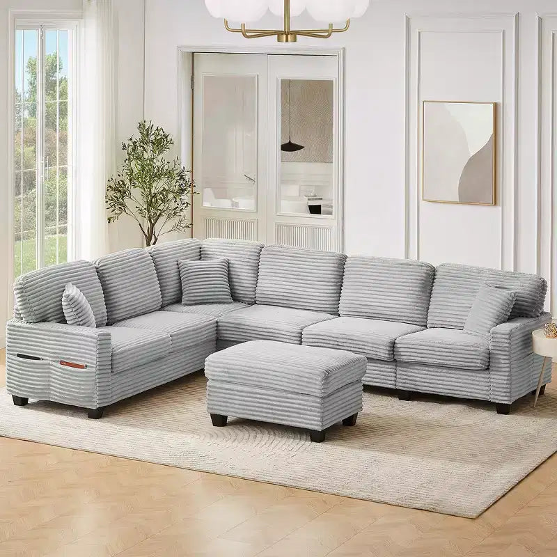 Divano Sezionale Whisen in Velluto a Coste con Pouf Rimovibile e Tasche Laterali Contenitive