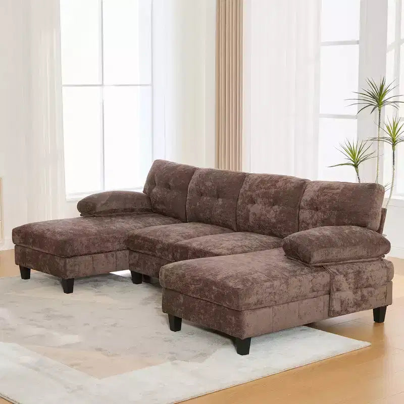 Divano Sezionale a U Whisen in Ciniglia con Doppia Chaise Longue, Tasche Portaoggetti e Cuscini Bracciolo