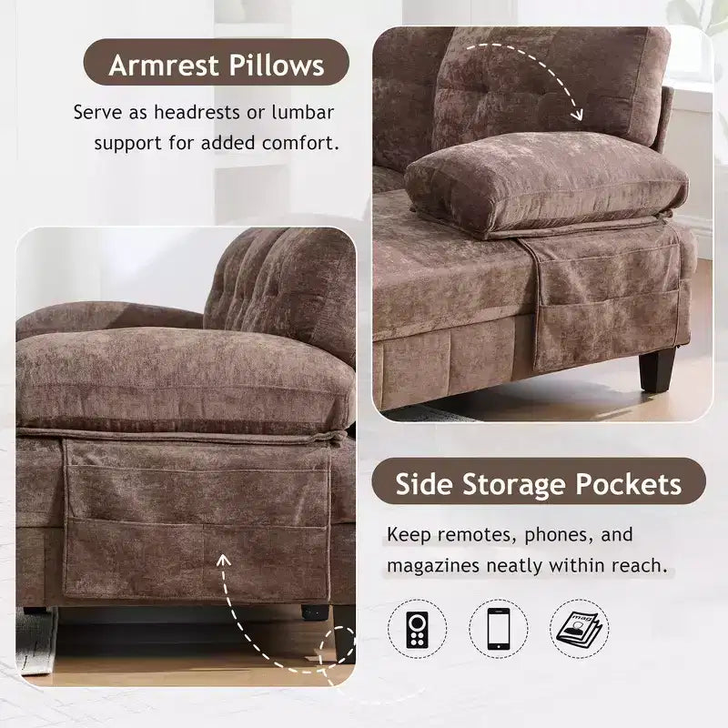 Divano Sezionale a U Whisen in Ciniglia con Doppia Chaise Longue, Tasche Portaoggetti e Cuscini Bracciolo
