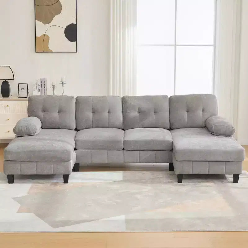Divano Sezionale a U Whisen in Ciniglia con Doppia Chaise Longue, Tasche Portaoggetti e Cuscini Bracciolo