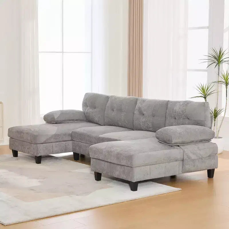 Divano Sezionale a U Whisen in Ciniglia con Doppia Chaise Longue, Tasche Portaoggetti e Cuscini Bracciolo