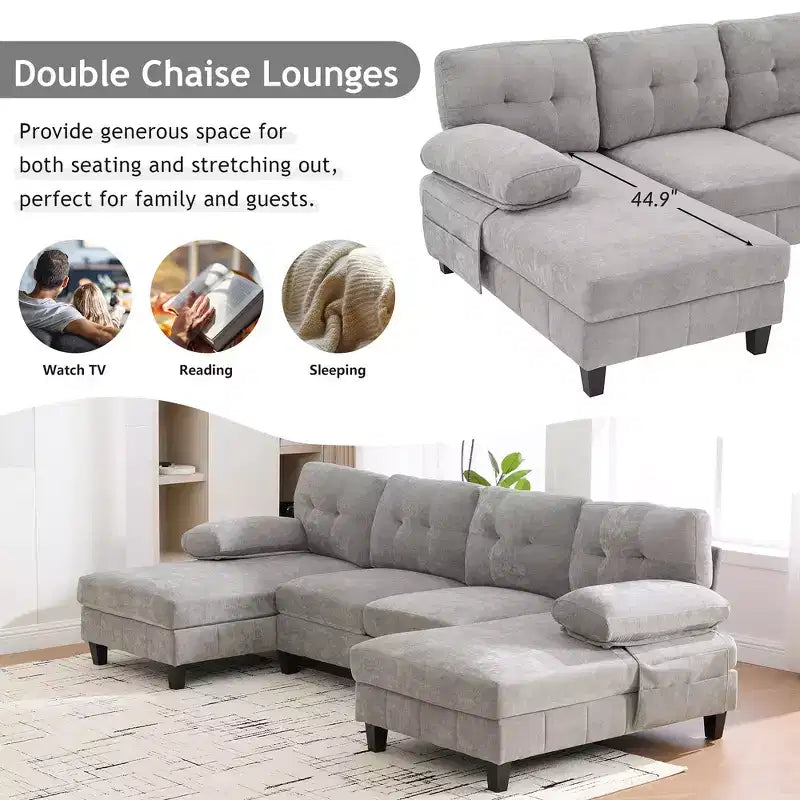 Divano Sezionale a U Whisen in Ciniglia con Doppia Chaise Longue, Tasche Portaoggetti e Cuscini Bracciolo