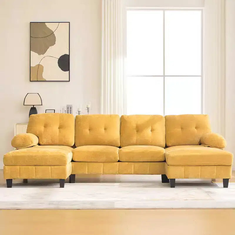 Divano Sezionale a U Whisen in Ciniglia con Doppia Chaise Longue, Tasche Portaoggetti e Cuscini Bracciolo