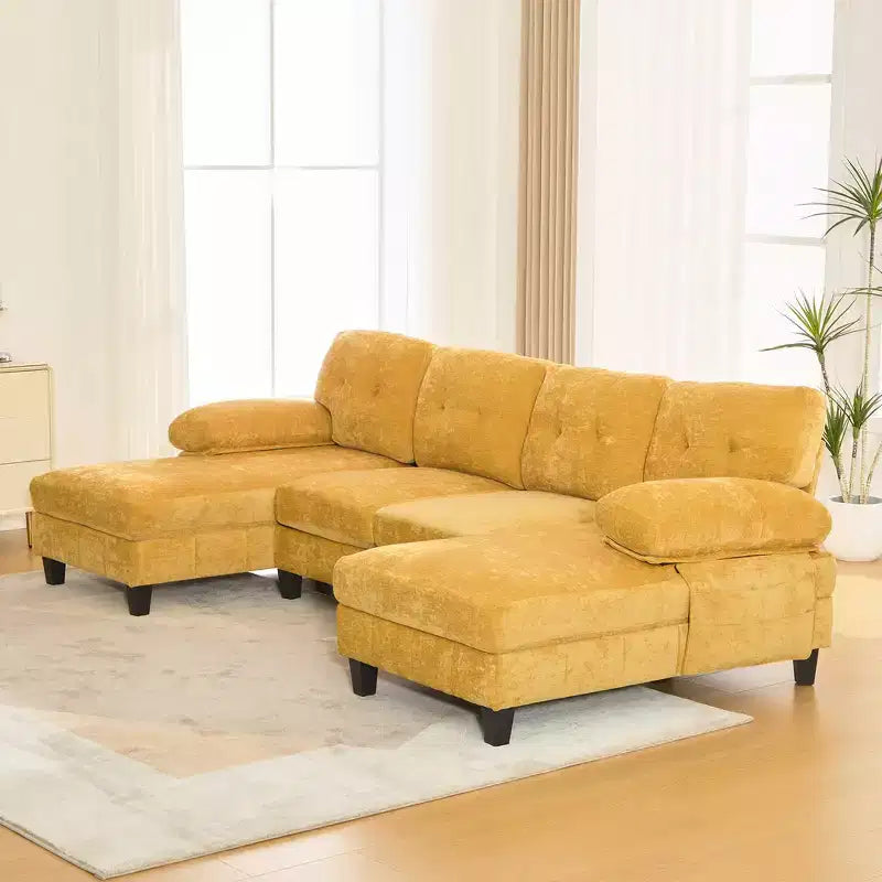 Divano Sezionale a U Whisen in Ciniglia con Doppia Chaise Longue, Tasche Portaoggetti e Cuscini Bracciolo