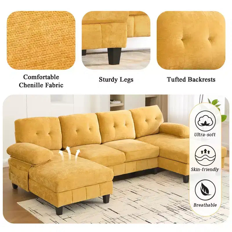 Divano Sezionale a U Whisen in Ciniglia con Doppia Chaise Longue, Tasche Portaoggetti e Cuscini Bracciolo