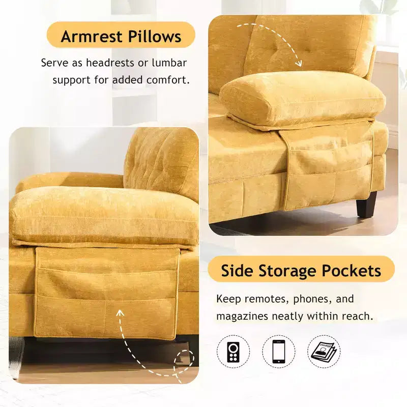 Divano Sezionale a U Whisen in Ciniglia con Doppia Chaise Longue, Tasche Portaoggetti e Cuscini Bracciolo