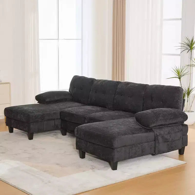 Divano Sezionale a U Whisen in Ciniglia con Doppia Chaise Longue, Tasche Portaoggetti e Cuscini Bracciolo
