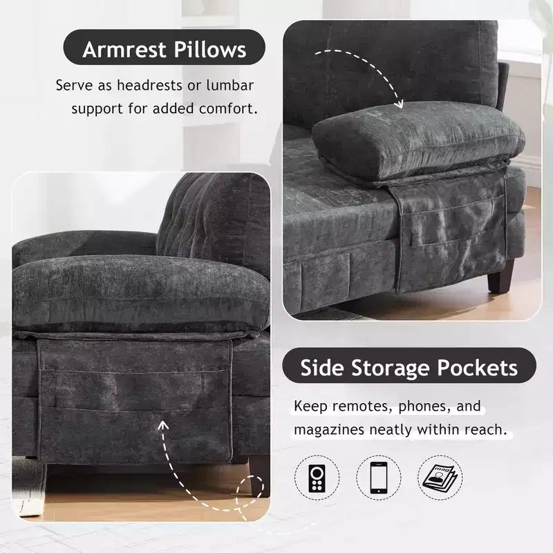 Divano Sezionale a U Whisen in Ciniglia con Doppia Chaise Longue, Tasche Portaoggetti e Cuscini Bracciolo