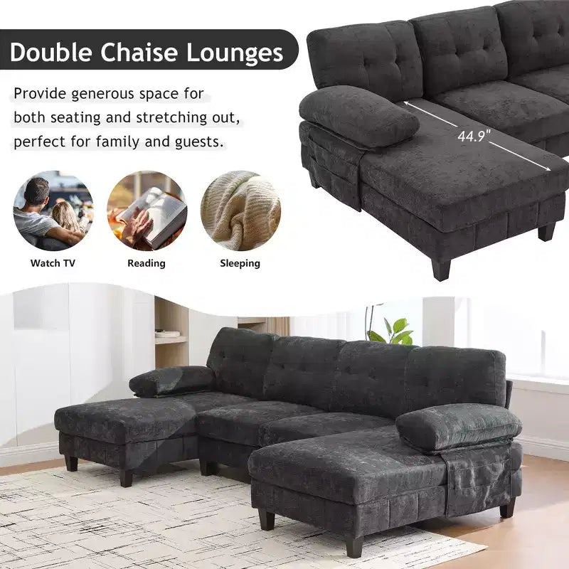 Divano Sezionale a U Whisen in Ciniglia con Doppia Chaise Longue, Tasche Portaoggetti e Cuscini Bracciolo