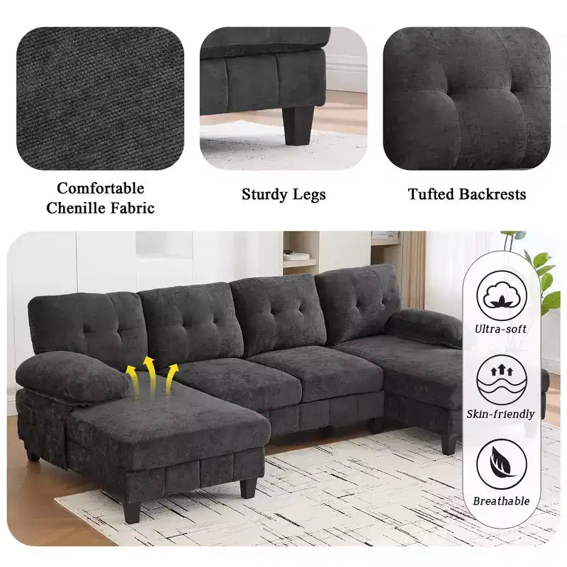 Divano Sezionale a U Whisen in Ciniglia con Doppia Chaise Longue, Tasche Portaoggetti e Cuscini Bracciolo