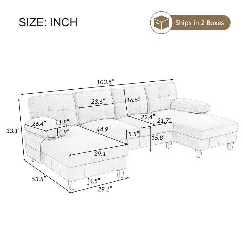 Divano Sezionale a U Whisen in Ciniglia con Doppia Chaise Longue, Tasche Portaoggetti e Cuscini Bracciolo