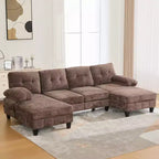Divano Sezionale a U Whisen in Ciniglia con Doppia Chaise Longue, Tasche Portaoggetti e Cuscini Bracciolo