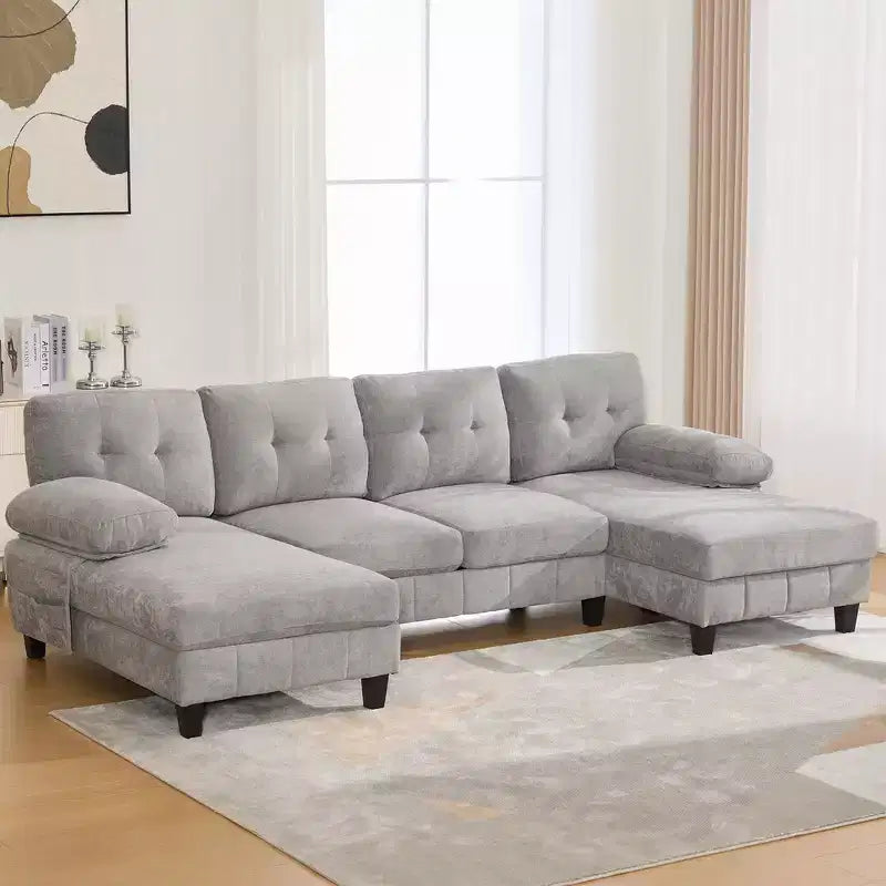 Divano Sezionale a U Whisen in Ciniglia con Doppia Chaise Longue, Tasche Portaoggetti e Cuscini Bracciolo