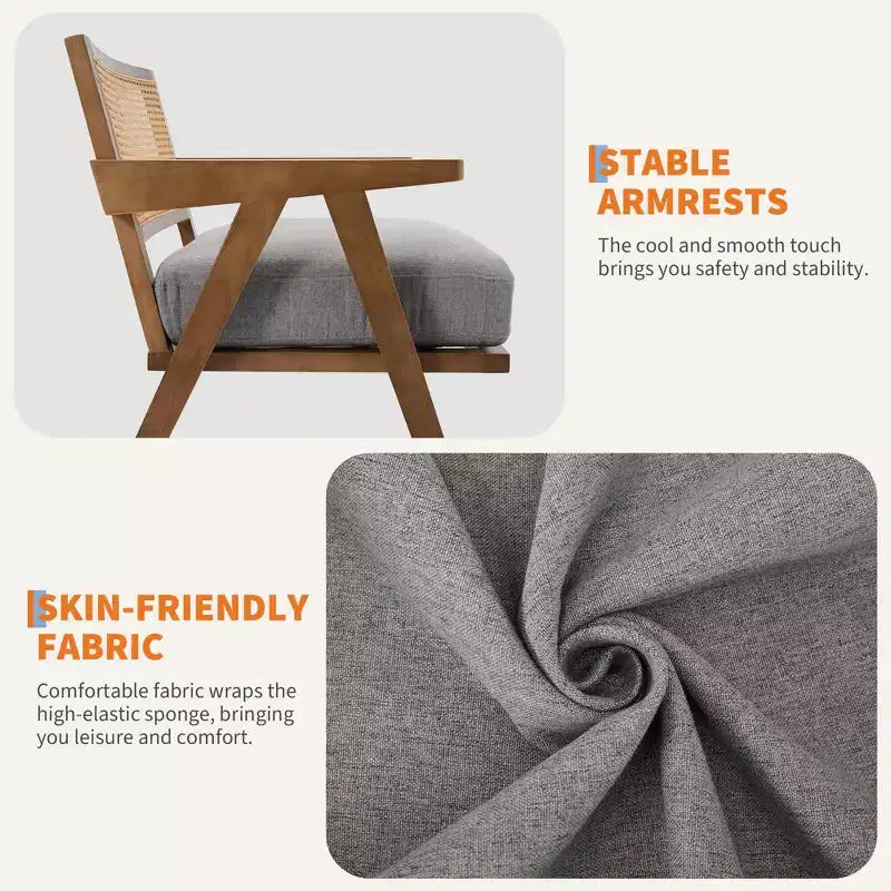 Poltrona Mid-Century da Fattoria, Poltrona in Legno con Schienale in Rattan e Cuscino in Lino, Beige