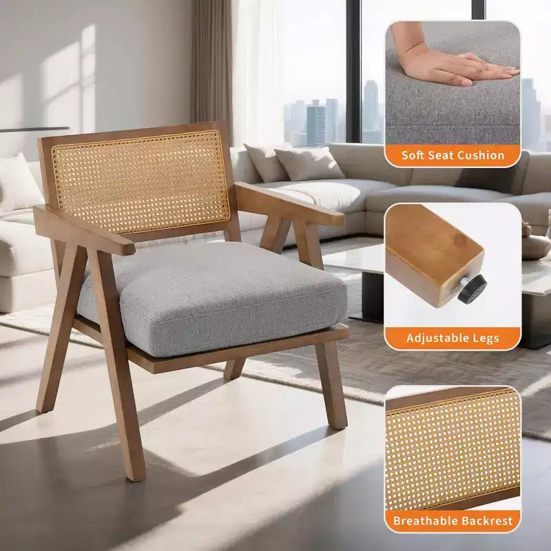 Poltrona Mid-Century da Fattoria, Poltrona in Legno con Schienale in Rattan e Cuscino in Lino, Beige