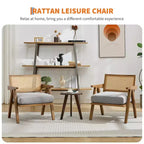Poltrona Mid-Century da Fattoria, Poltrona in Legno con Schienale in Rattan e Cuscino in Lino, Beige