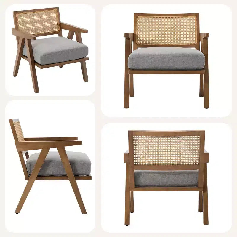 Poltrona Mid-Century da Fattoria, Poltrona in Legno con Schienale in Rattan e Cuscino in Lino, Beige