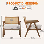 Poltrona Mid-Century da Fattoria, Poltrona in Legno con Schienale in Rattan e Cuscino in Lino, Beige