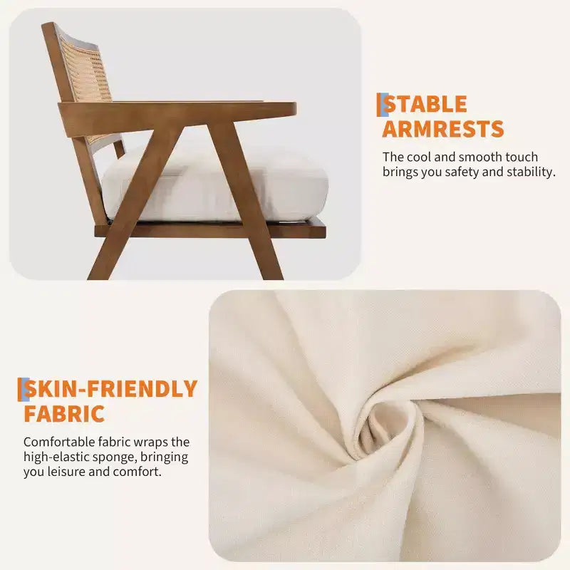 Poltrona Mid-Century da Fattoria, Poltrona in Legno con Schienale in Rattan e Cuscino in Lino, Beige