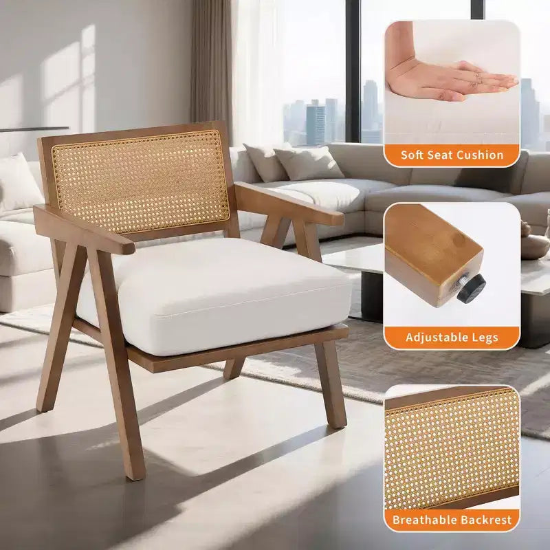 Poltrona Mid-Century da Fattoria, Poltrona in Legno con Schienale in Rattan e Cuscino in Lino, Beige