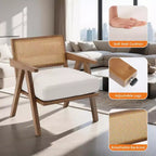 Poltrona Mid-Century da Fattoria, Poltrona in Legno con Schienale in Rattan e Cuscino in Lino, Beige