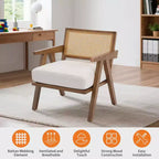 Poltrona Mid-Century da Fattoria, Poltrona in Legno con Schienale in Rattan e Cuscino in Lino, Beige