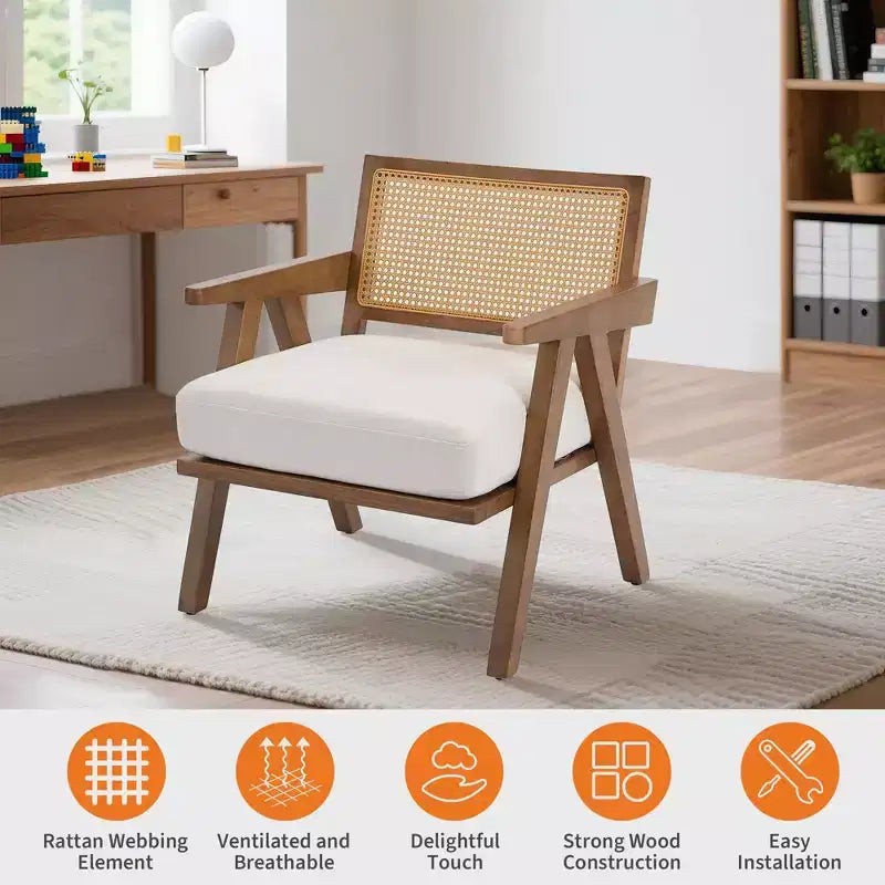 Poltrona Mid-Century da Fattoria, Poltrona in Legno con Schienale in Rattan e Cuscino in Lino, Beige