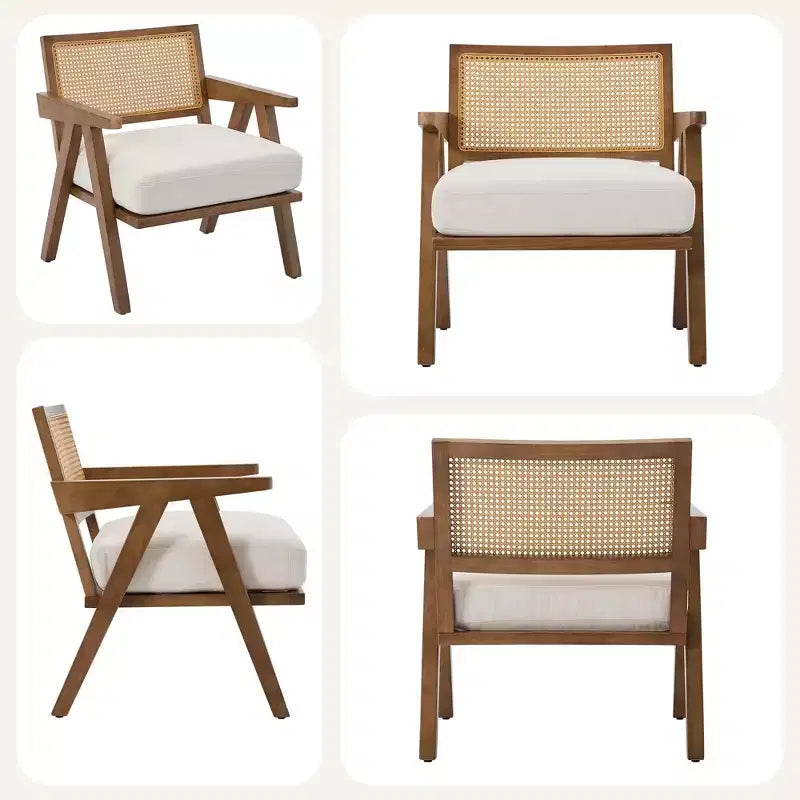 Poltrona Mid-Century da Fattoria, Poltrona in Legno con Schienale in Rattan e Cuscino in Lino, Beige